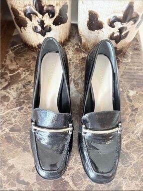 Enzo Angiolini Black Patent Loafers with Gold Bar Accent